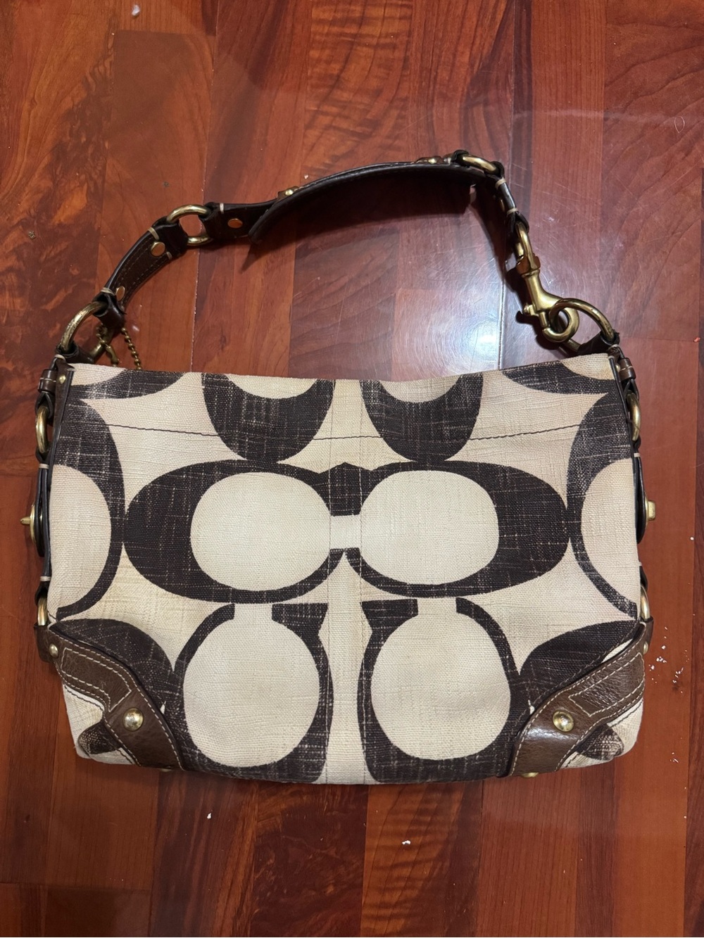 Coach Beige and Brown Signature Canvas Shoulder Bag